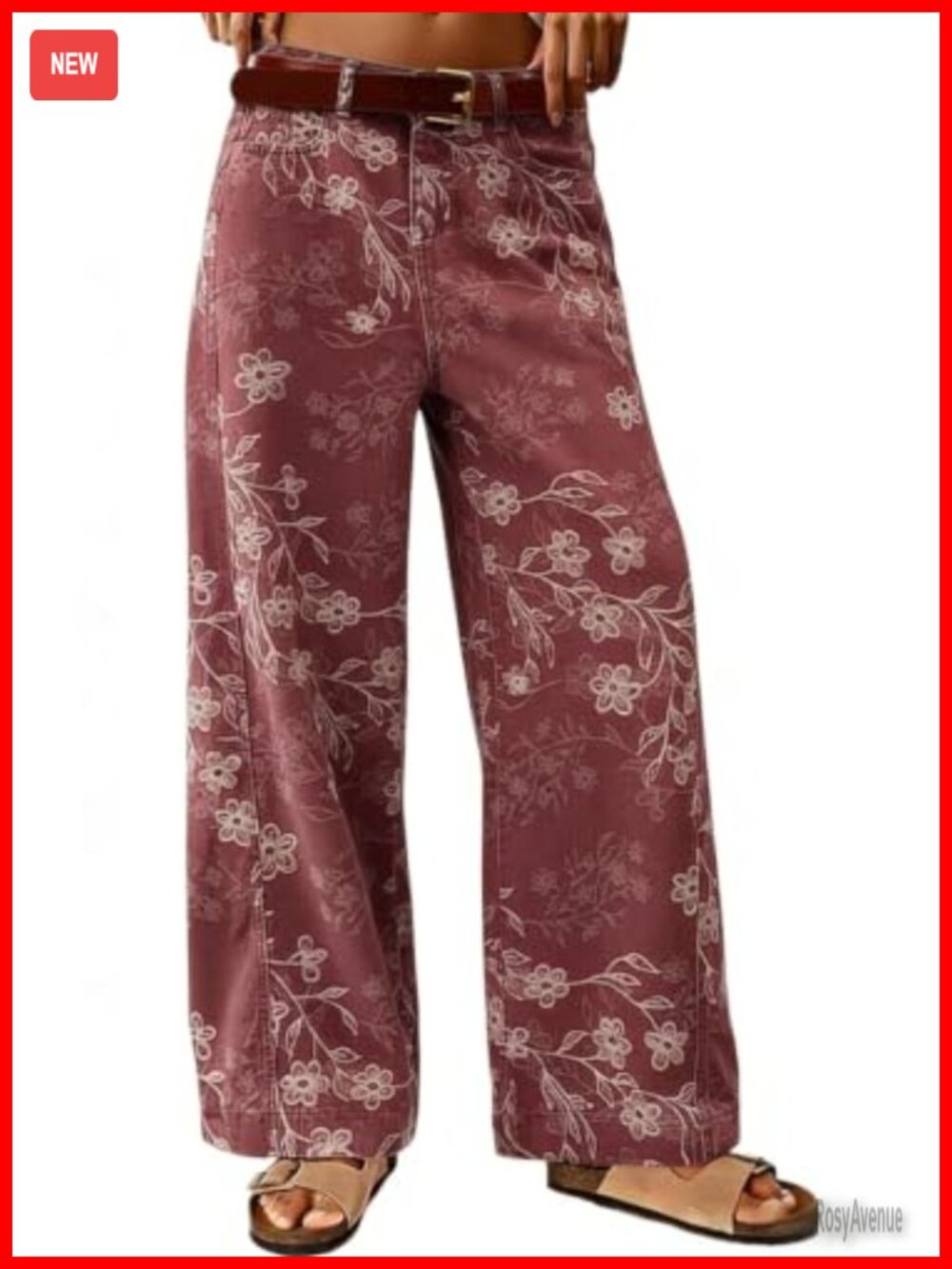 Floral Printed Wide Leg Boyfriend Denim Ankle Pants High Rise Jeans